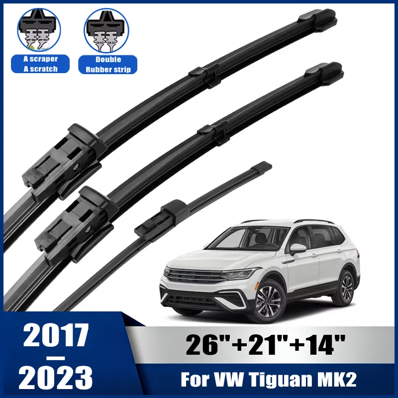 Wiper Front & Rear Wiper Blades Set For VW Tiguan MK2 2017-2023 Windshield Windscreen Window Brushes 26''+21''+14''