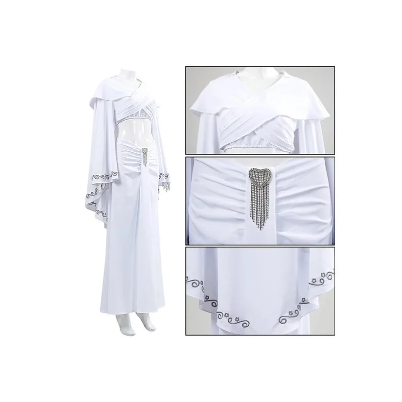 Padme Cosplay Amidala Abito bianco Costume Film Spazio Battaglia Travestimento Completo bianco Abiti Mantello con cappello Gonne Abiti di Halloween