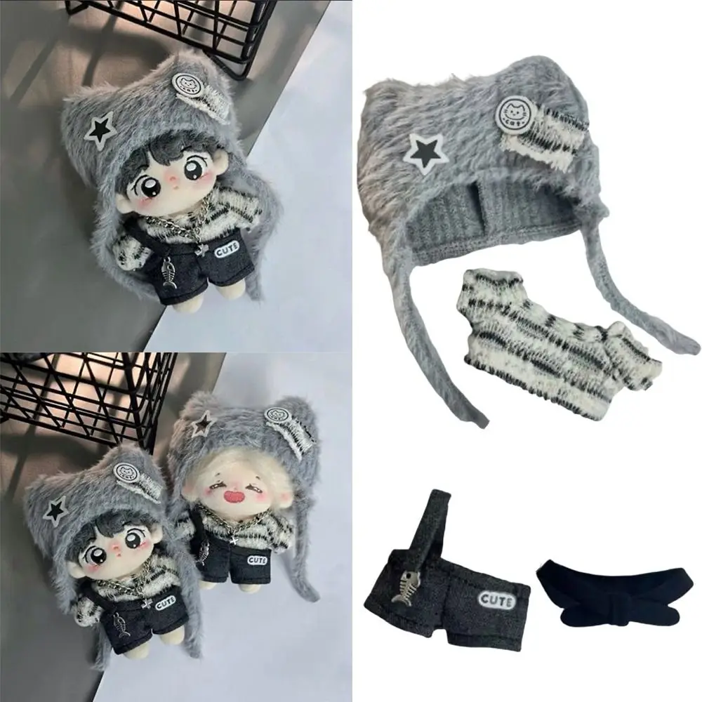 20cm Doll Clothes Grey Cartoon Cat Ear Cap Miniature Sweater Rompers Changing Dress Game Photo Prop Replacement Outfit