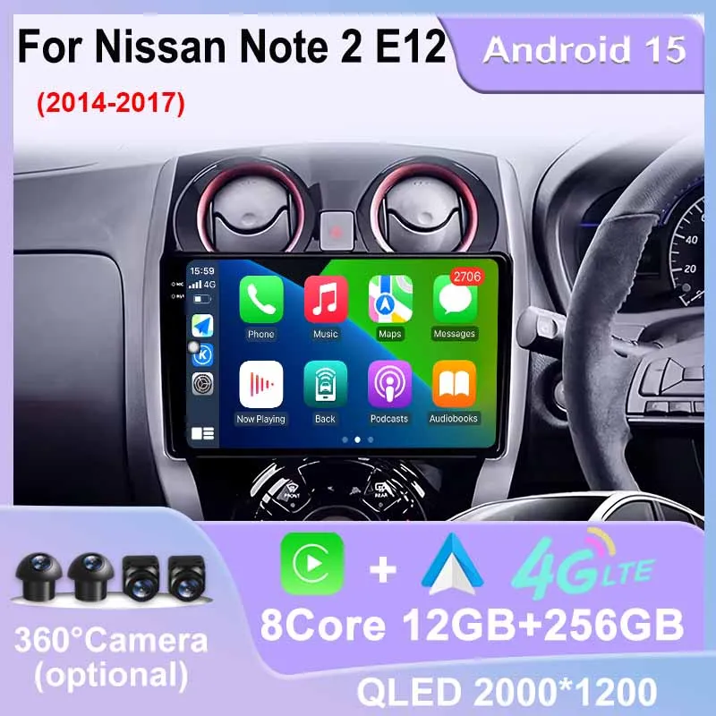 Android 15 Car Radio For Nissan Note 2 E12 2014-2017 Multimedia Player GPS 4G WIFI Stereo Wireless Carplay Auto Head Unit QLED