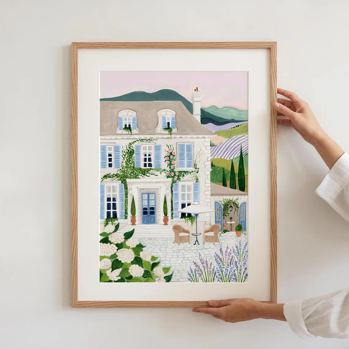 Idyllic French Countryside Wall Print Decor - Charming Illustration of a White Manor House with Sky Blue Shutters, Surrounded by