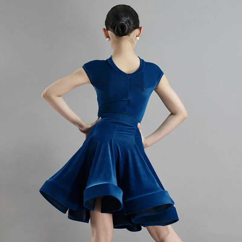 Retro Blue Color Velvet Latin Dance Clothes Girls Competition Dress Short Sleeves Kids Cha Cha Ballroom Dance Dress  DNV20422