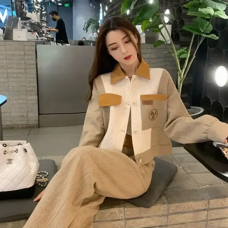 Autumn Contrast Color Long Sleeved Jacket High Waist Wide Leg Pants Two-piece Set for Women korean Tracksuit Female Sportswear