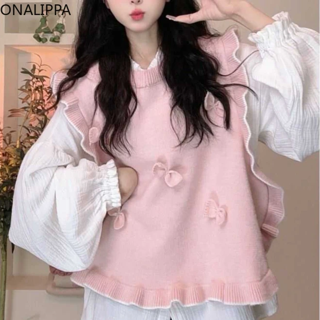 Onalippa Sweet Three Dimensional Bows Vest Sweater Wood Ear Hem Solid Lace Up Bows Kawaii Vests Korean Chic Design Pullover