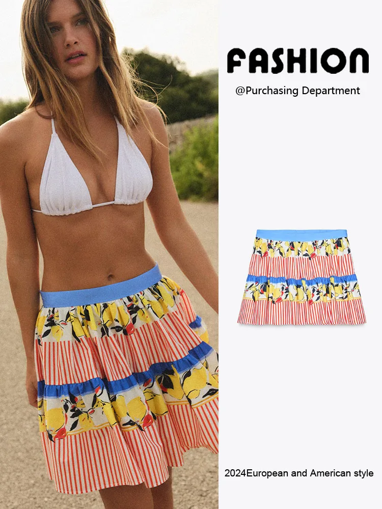 

Summer New Lemon Print Mid-Waist ort Skirt Versatile Slimming Women's Faion f Body Skirt Ethnic Stage Costume