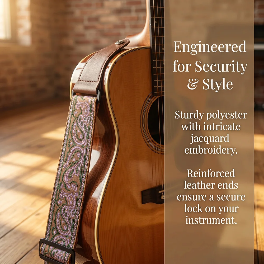 Gitarrengurt, bestickter Gürtel, verstellbare Gitarrengurte mit Lederenden für Bass-, Akustik-, Elektro-Gitarren und Ukulele-Instrumente – Detail 10