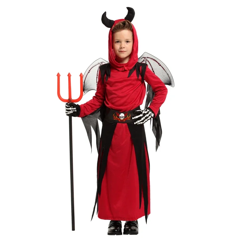 Devil Devilkin Costumes para Crianças, Scary Red Horn, Criança Demônio Cosplay, Vestido extravagante, Robe, Dia das Bruxas, Meninos, Meninas, Criança