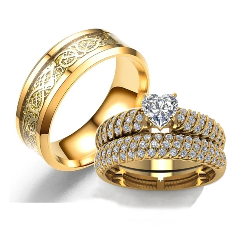 Fashion Couple Rings Vintage Dragon Stainless Steel Men Ring Romantic Heart Zircon Ring Set Bridal Engagement Wedding Band