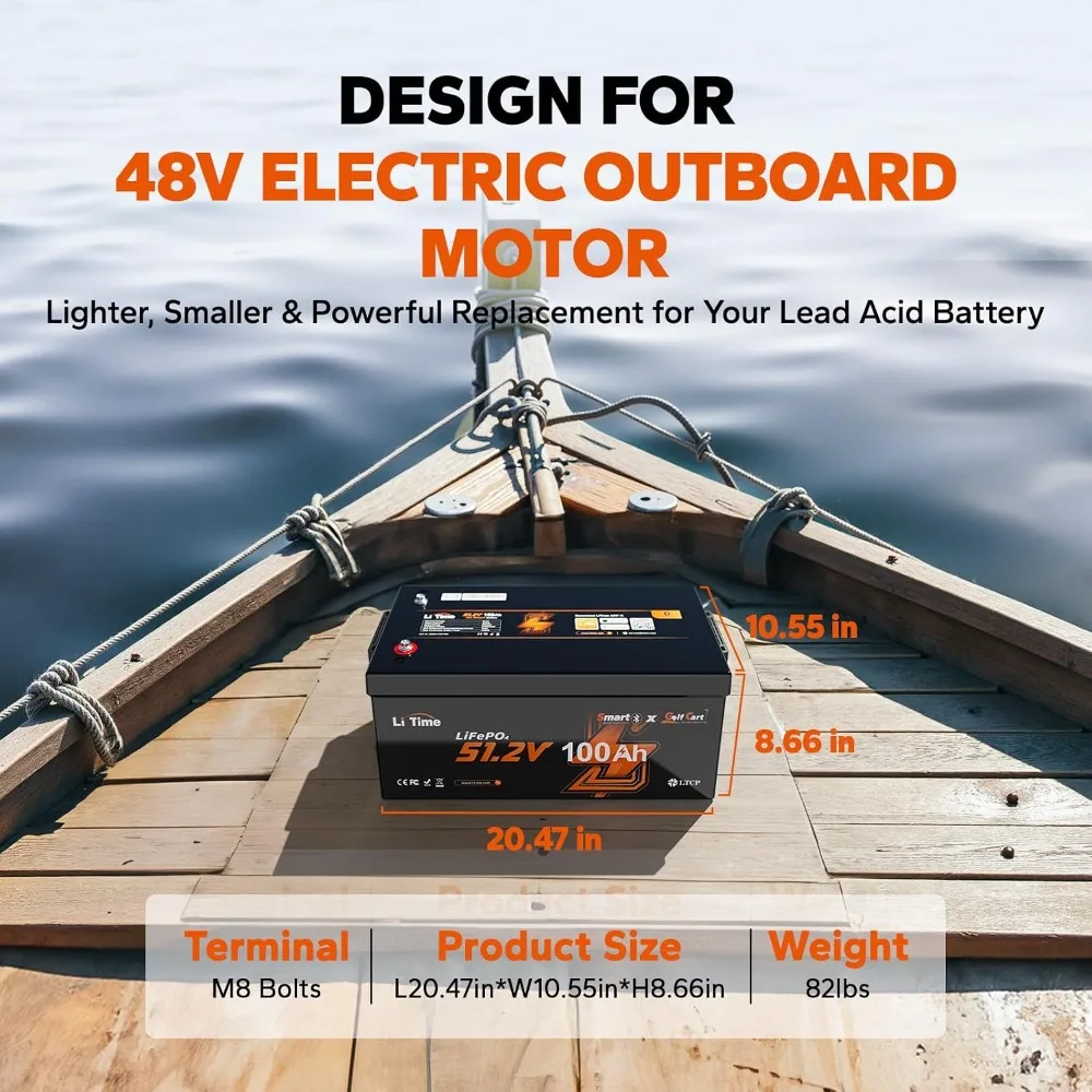 48V 100Ah Bluetooth 5.0 Lithium Battery for Golf Cart,RV,Home | Smart 200A BMS,Low-Temp Protection, Support up to 5kW, Custom