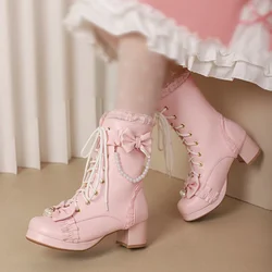 Fashion Sweet Bow Women Comfort Square Platform Ankle Boots Elegant Ruffles String Bead Girls Princess Cosplay Pink Lolita Shoes