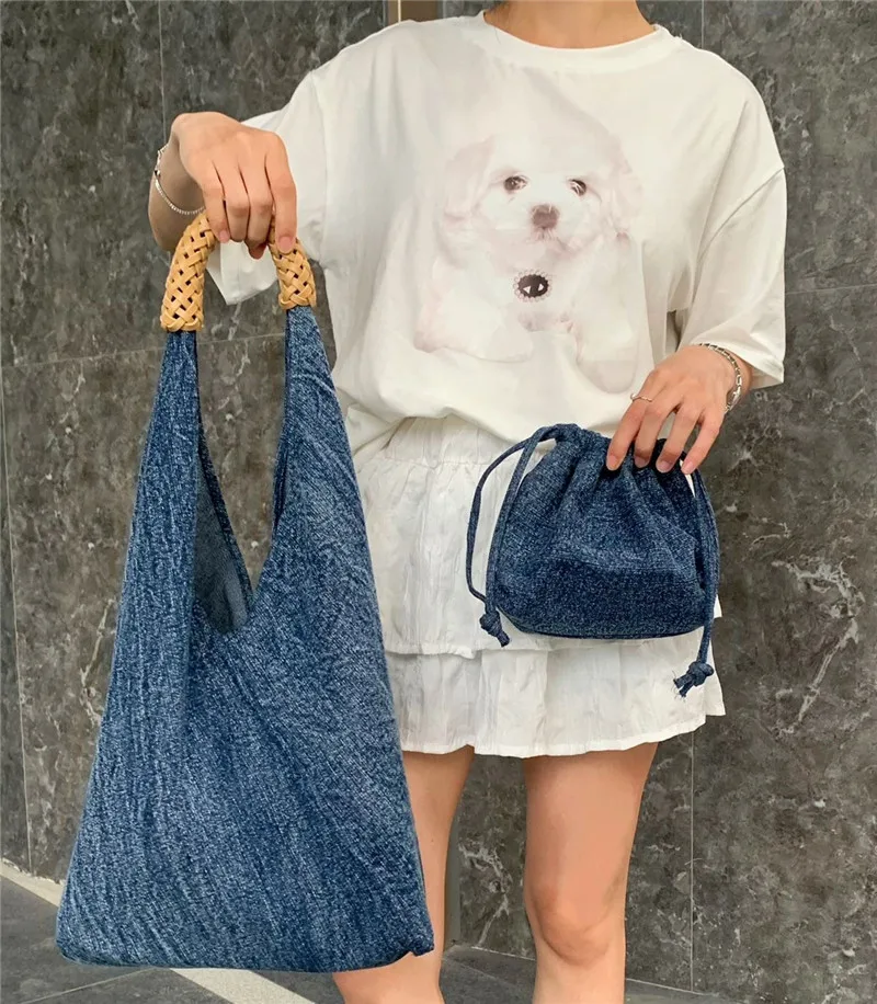 

Large Capacity Shoulder Bags for Women Braid handle Handbags Denim Travel big totes ladies Hand Bag female Compound bag blue