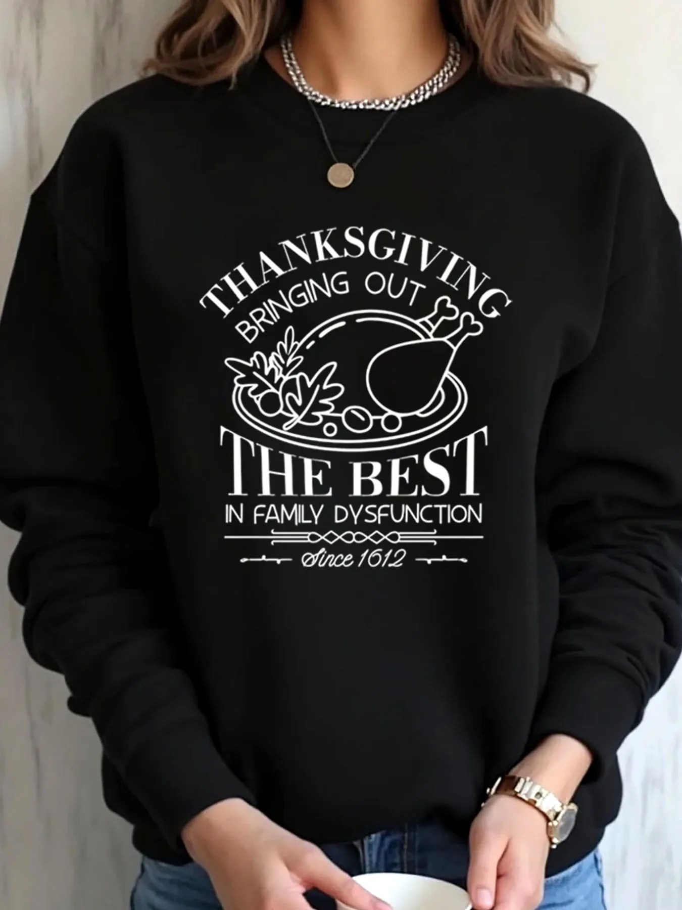 

Женский свитшот с круглым вырезом больших размеров, топ с круглым вырезом и длинными рукавами и принтом Турции на День благодарения для женщин, семейная праздничная одежда