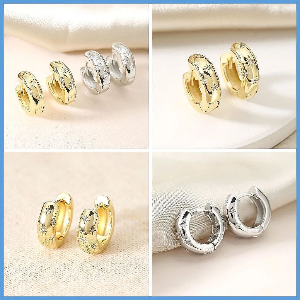 French Vintage Rhinestone Earrings, Octagon Star Hoops for Women