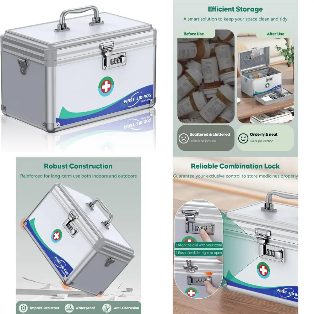 

Надежный портативный ящик для хранения лекарств с кодовым замком, ручкой и плечевым ремнем, идеально подходит для путешествий и оказания первой помощи.