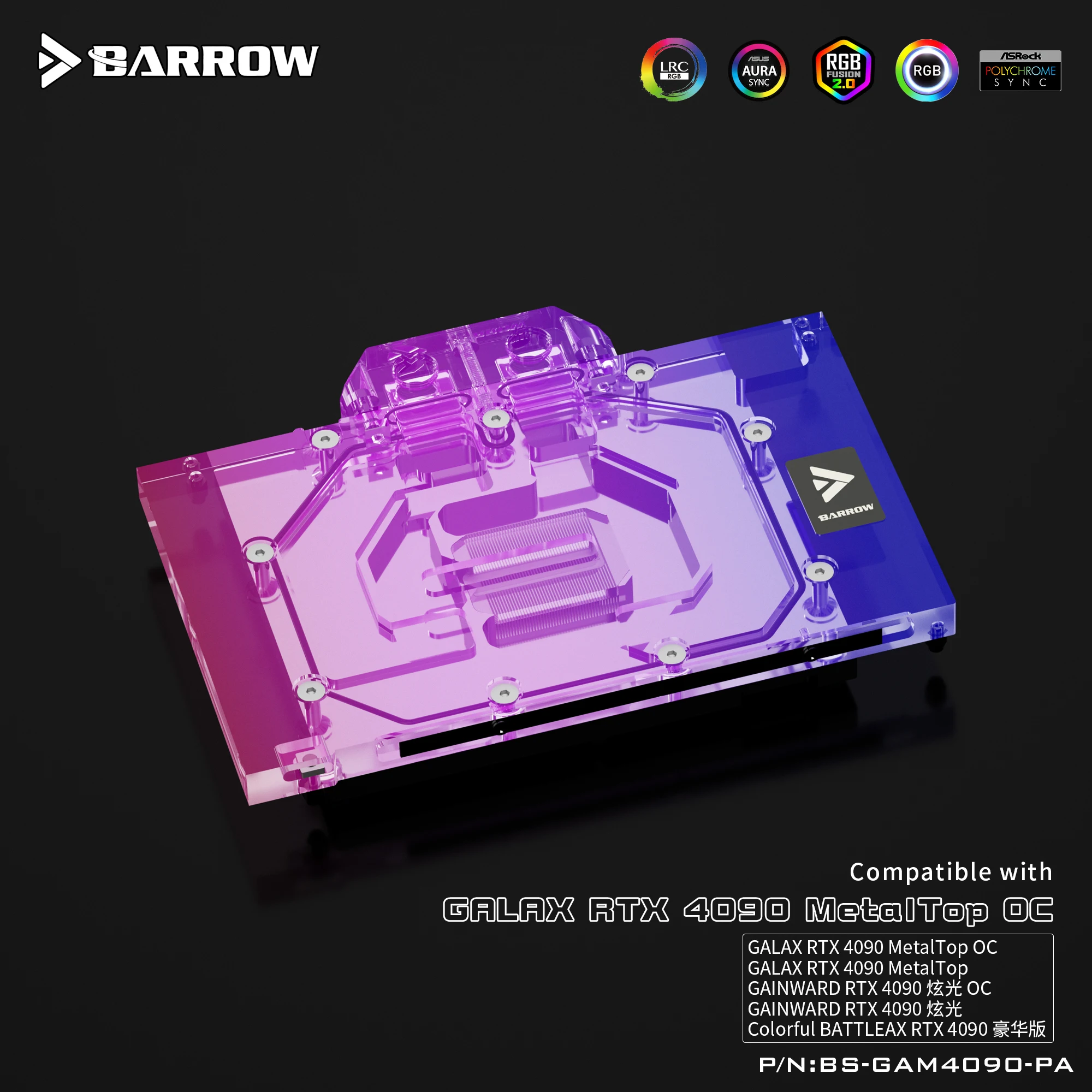 Barrow RGB 수냉 GPU 블록 쿨러, 다채로운 RTX 4090 메탈 탑 BS-GAM4090-PA