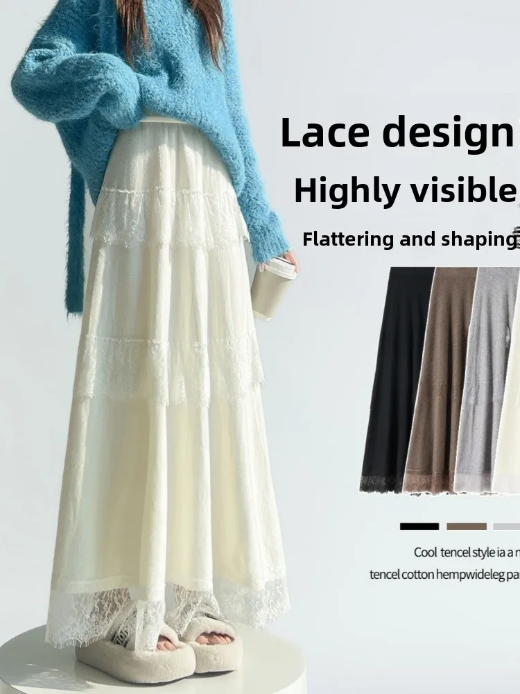 High Waist Lace Patchwork Velvet Cake Skirt Women's Autumn Winter Sle Ballet Fairy A-Line Umbrella Skirt Korean Version Cit...