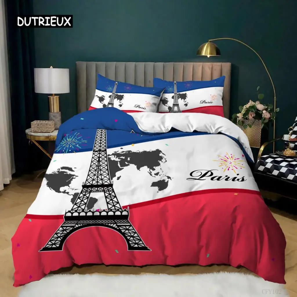 

Eiffel Tower Duvet Cover Set King Paris Eiffel Tower Blue White Red Bedding Set Polyester World Famous Architectural Quilt Cover