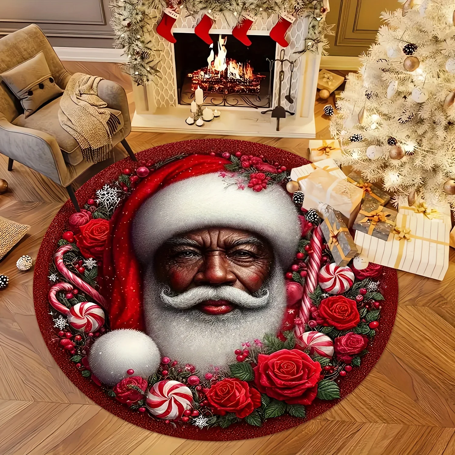 Tapis rond imprimé cadeau de Noël noir, tapis décoratif en flanelle pour intérieur et extérieur, zone de loisirs, chevet, accent de maison festif