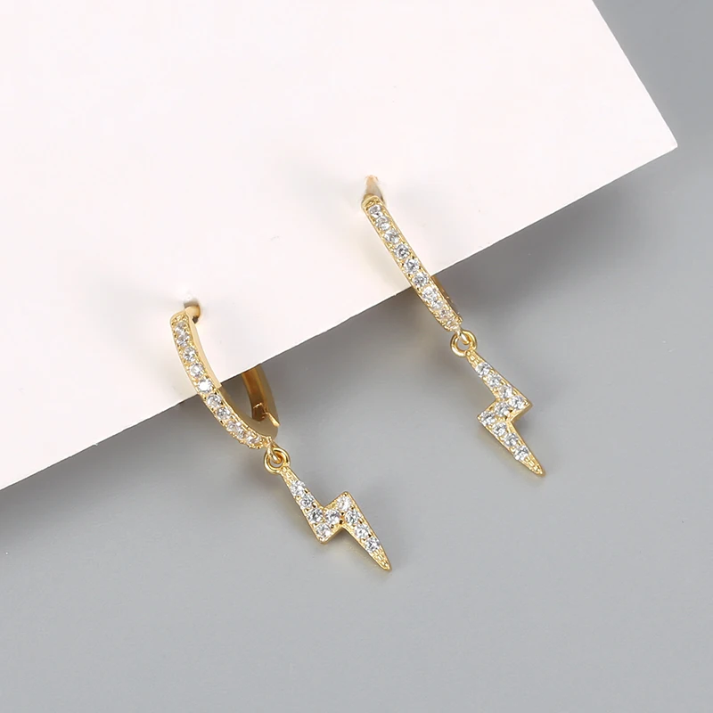 Wholesale Trendy Gold Silver Color Hoops Earrings for Women Lightning Pendant Drop Zircon Ear Rings Pendientes Wedding Jewelry