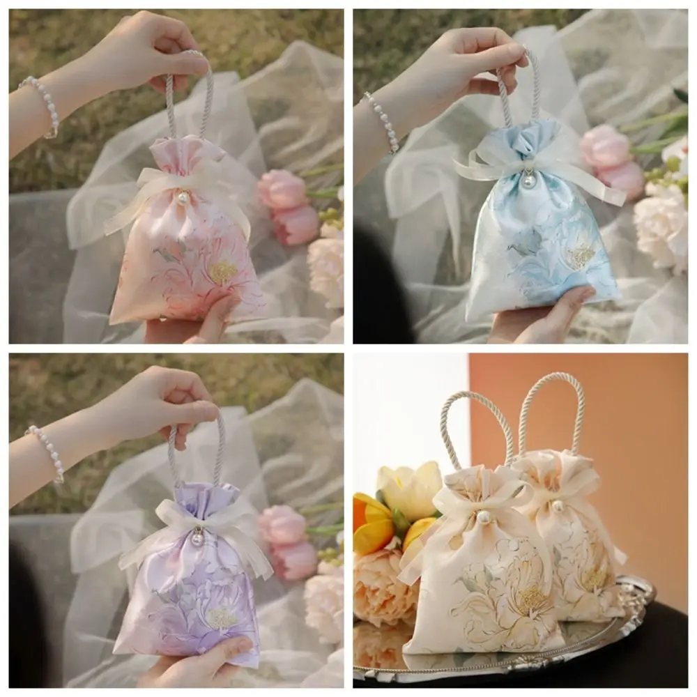 Flower Canvas Drawstring Bag Korean Style Pearl Pendant Canvas Knot Wrist Bag Jewelry Packing Bag Bucket Bag Wedding Candy Bag