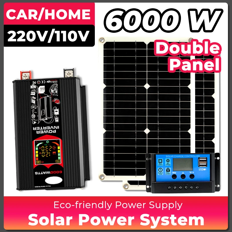 New Inverter 6000W Solar Panel 2*300W 12V Portable solar generator Power bank 30A Controller kit solar for home Camping station