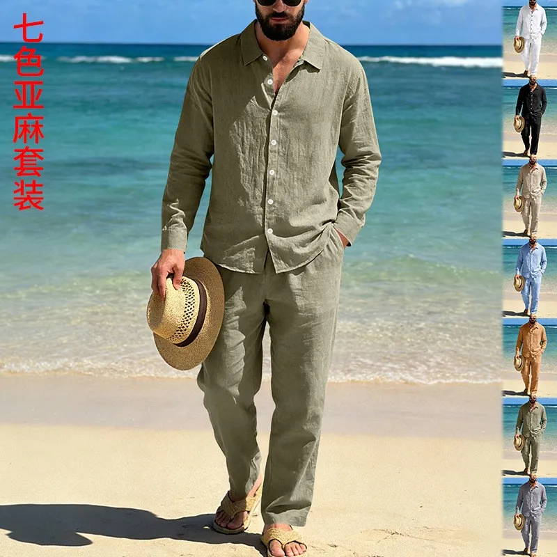

Summer Outfit Men Linen Shirt Long Sleeve Collar Shirts Two Piece Set Loose Fit Button Down Shirt Khaki Beach Wear Casual Shirt