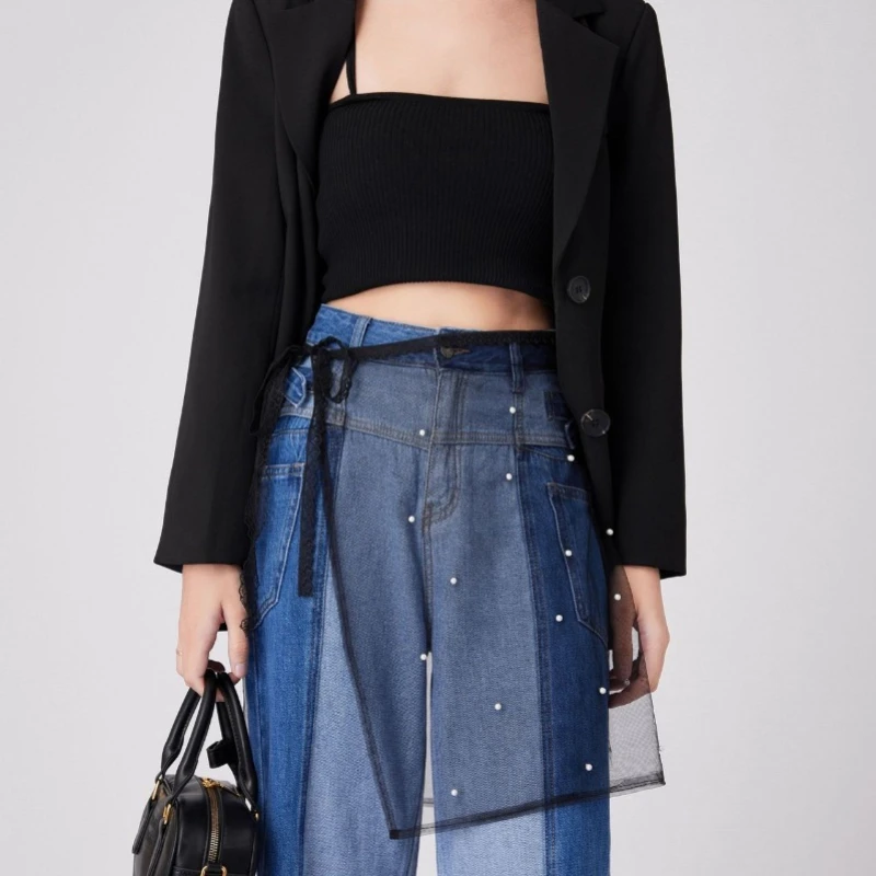 レース刺繍ミディスカート レイヤードフェイクスカート レディース スウェットシャツとベーススカートと組み合わせた婦人服スカート