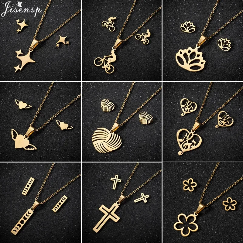 Stainless Steel Star Jewelry Sets for Women Minimalist Heart Daisy Cross Music Moon Necklace Earrings Bicycle Fitness Accessorie