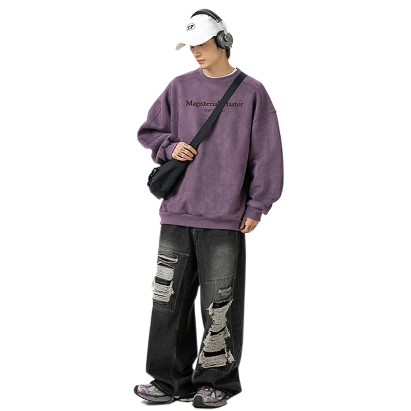 الخريف موضة الاتجاه رسالة مطبوعة Crewneck البلوز سبليت والانضمام معطف الرجعية الرجال ملابس الهيب هوب فضفاضة غير رسمية