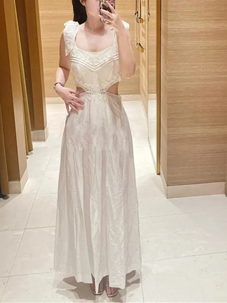 Vrouwen witte jurk kanten taille uitgeholde strik tankjurk mode zomer dames mouwloze onderjurken