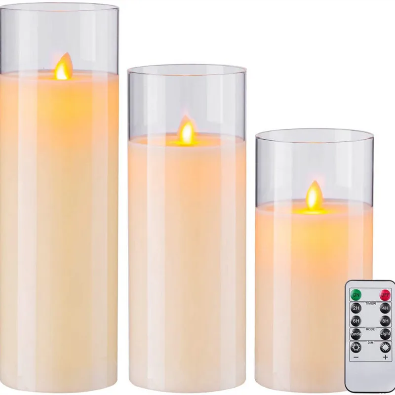 

Remote controlled Flickering Dancing wick Paraffin Wax Electric LED Glass High Candle Set Home party table Decor-H20cm/25cm/30cm