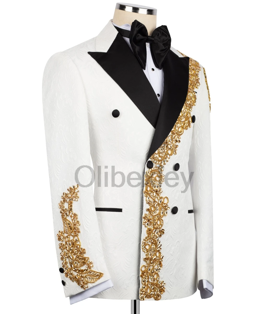 Olibexley 2027 White Men Suits 2 Pieces Sets Gold Crystal Beaded Lace Wedding Groom Tuxedos Male Party Blazers Customized S306