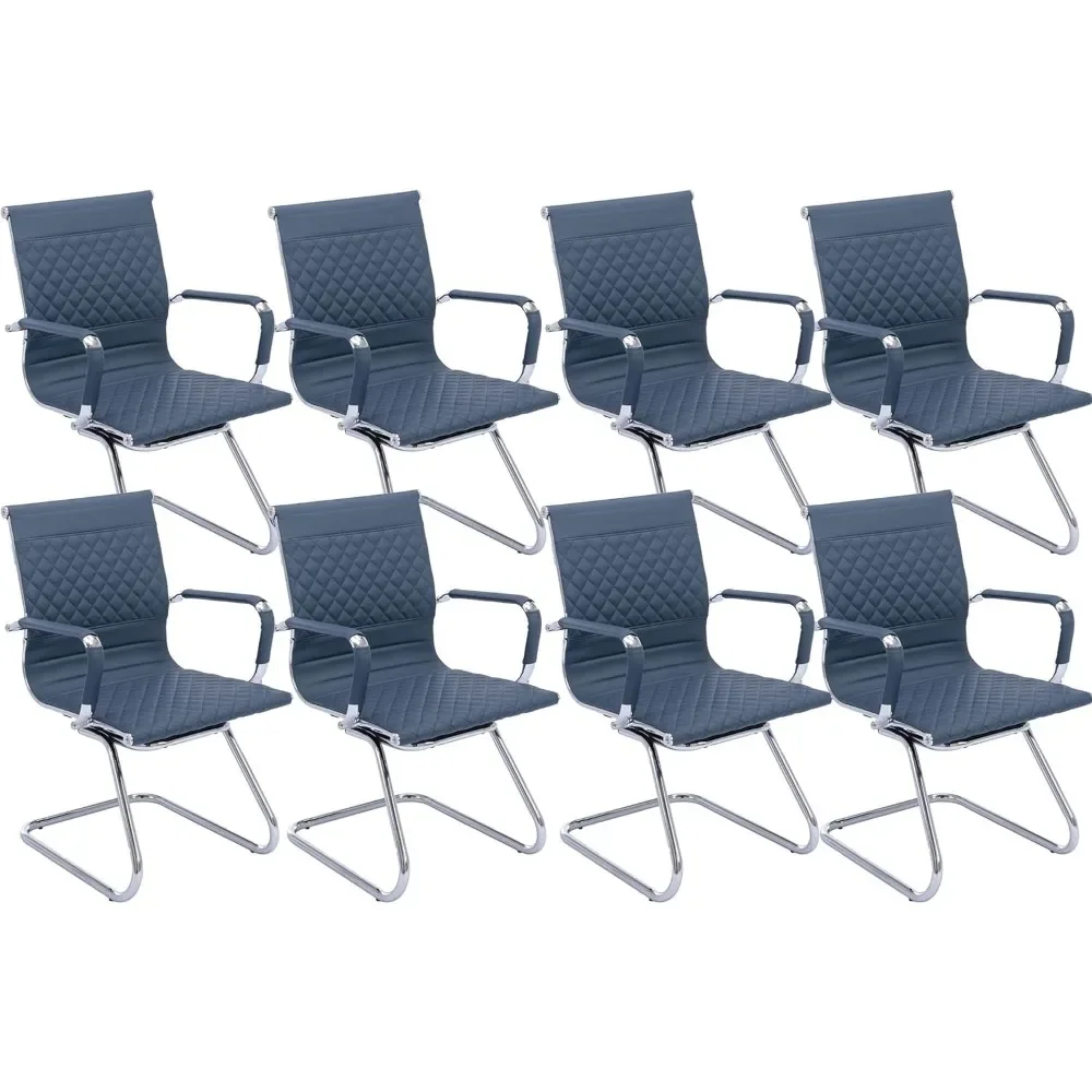 Chairs with Rhombic Grid Design Back, Faux Leather Chairs with Arms for Conference Room with Metal Sled Base, Set of 8,Navy Blue