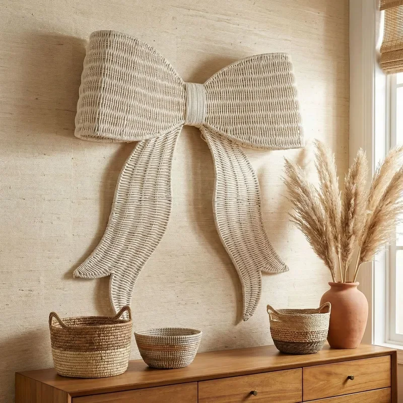 Bohemian Rattan Wall Hanging Decor French Retro Bow Art Pendant Home Decoration Craft Woven Macrame Accent for Living Room