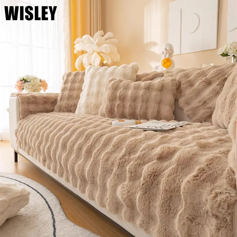 Nordic Solid Color Thick Rabbit Plush Sofa Covers for Living Room Universal Non-slip Couch Slipcovers Winter Warm Sofa Towel