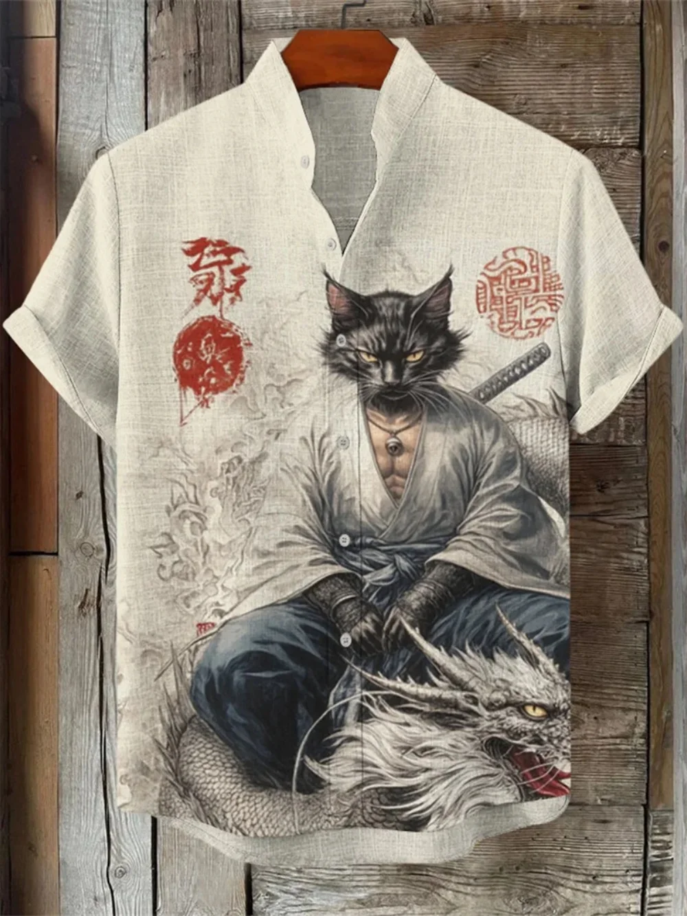 Chemise à manches courtes en lin à motif géométrique rétro pour hommes, Cardigan à col montant, vêtements décontractés pour hommes