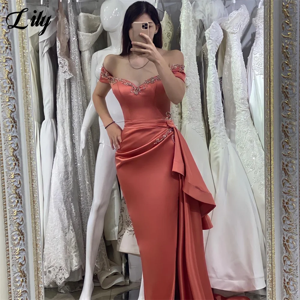 

Lily Elegant Glitter Evening Gown with Bead Type Sexy Sweetheart Off The Shoulder Prom Dress Satin Side Slit Wedding Party Dress