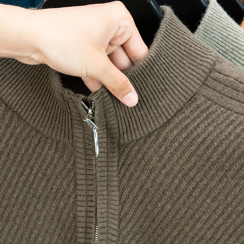 100% Wool Men's Luxury Sweater Thickened High Neck Half Zip Knitted Pullover Long Sleeve Autumn Winter Fashion Warm Casual Wear