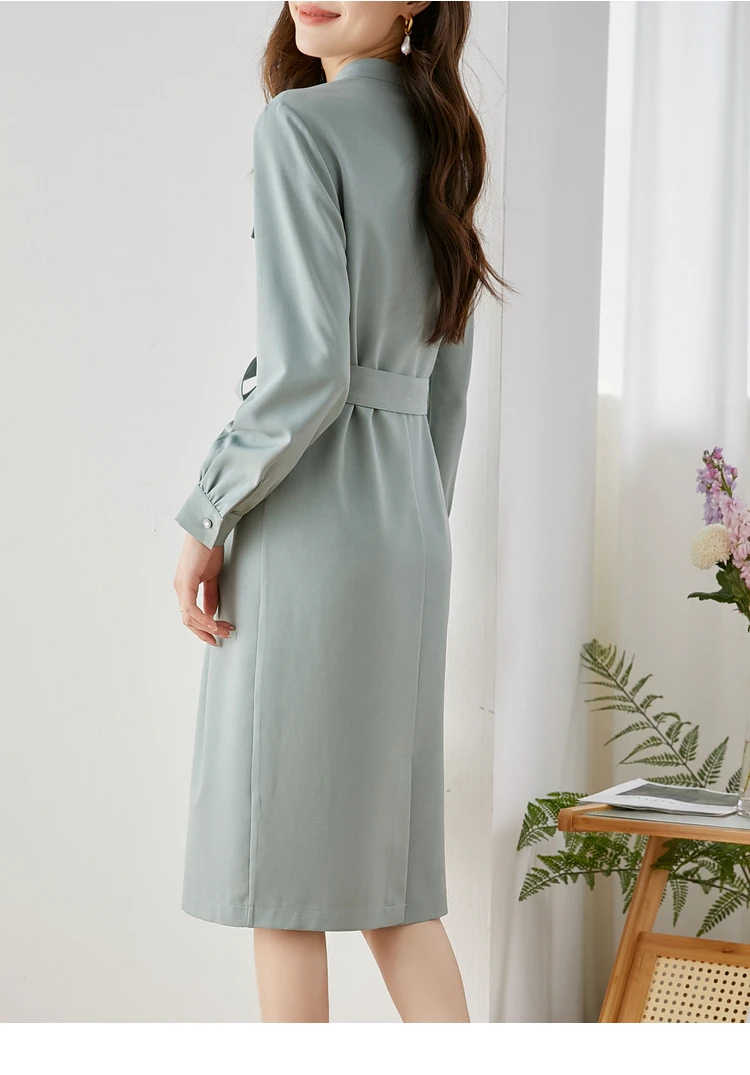 Vimly Elegant Belt Long Sleeve Shirt Dresses for Women 2023 Autumn Fashion Vintage Stand Collar Button Down Dress Clothing V8085