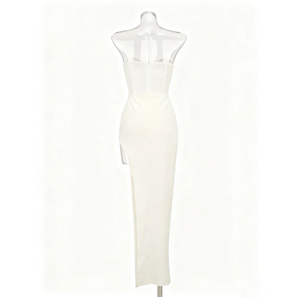 Abiti lunghi aderenti aderenti in rete trasparente con spalle scoperte sexy senza spalline Abito lungo da cocktail Abito da sera Abiti da concerto di compleanno