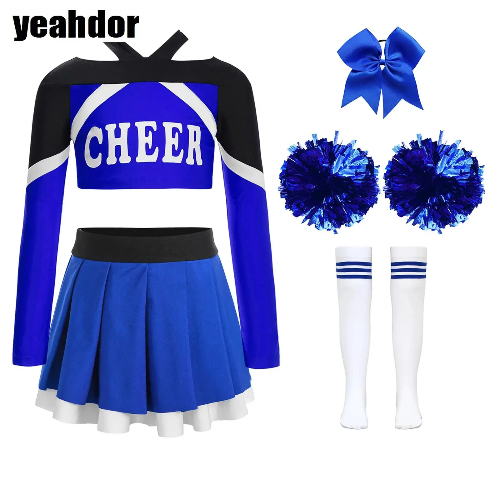 

Girls Cheerleading Costume Cheerleader Uniform Long Sleeve Letter Print Crop Top with Pleated Skirt Outfit School Sports Meeting
