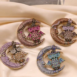 Full Crystal Women Men Fashion Exquisite Owl Moon Brooch Badges Luxury Vintage Palace Design Aniaml Rhinestone Pines Accessories
