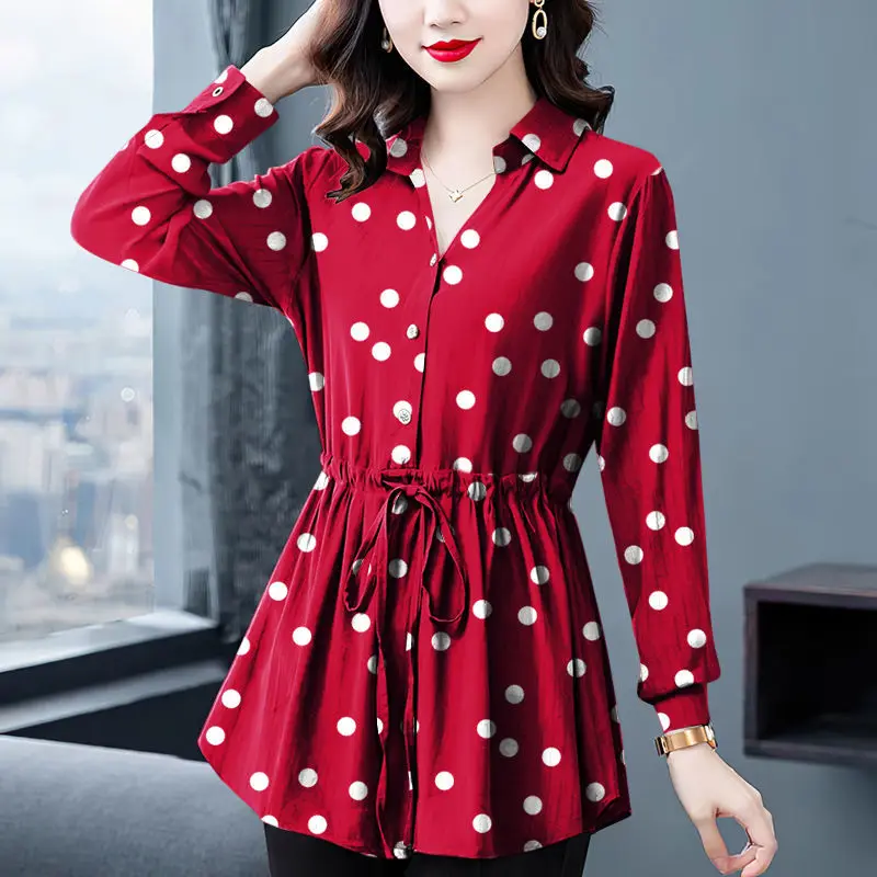 V-Neck Fashion Vintage Polka Dot Printed Shirt Spring Autumn New Women\'s Clothing Casual Long Sleeve Shirring Lace Up Blouses