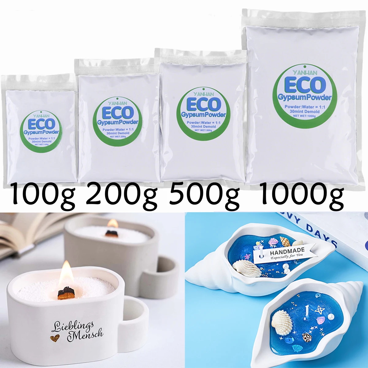 Polvo de yeso blanco de alta densidad, Material de producción de fundición de yeso artesanal, artesanía de cemento hecha a mano, 100g/200g/500g/1000g