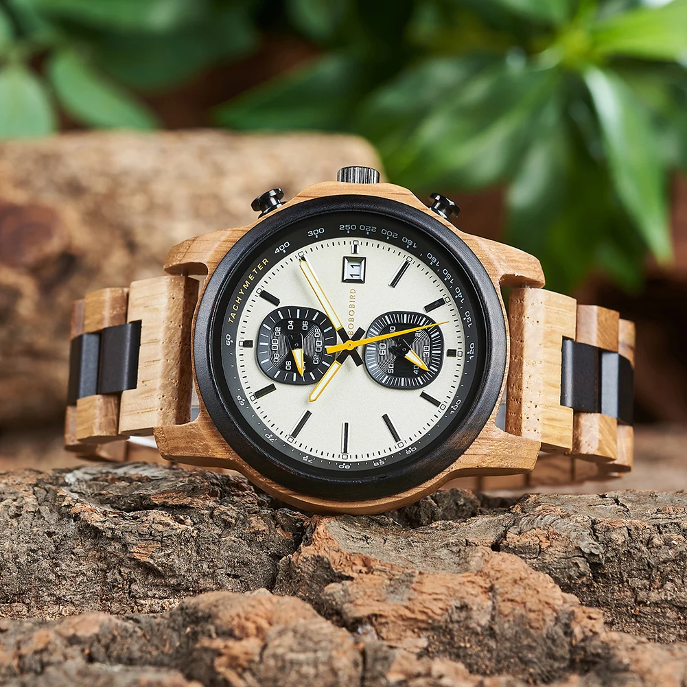 BOBO BIRD Men\'s Wooden Watches Fashion Quartz Wrist Watch For Men Chronograph Clock With Wood Gift Box Reloj Hombre Custom