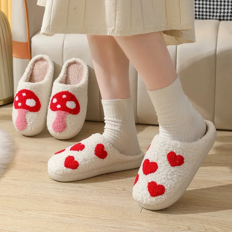 2024 New Mushroom Popular Winter Smiling Face Peach Heart Cotton Slippers Women's Indoor Home Rainbow Plush Warm Slippers