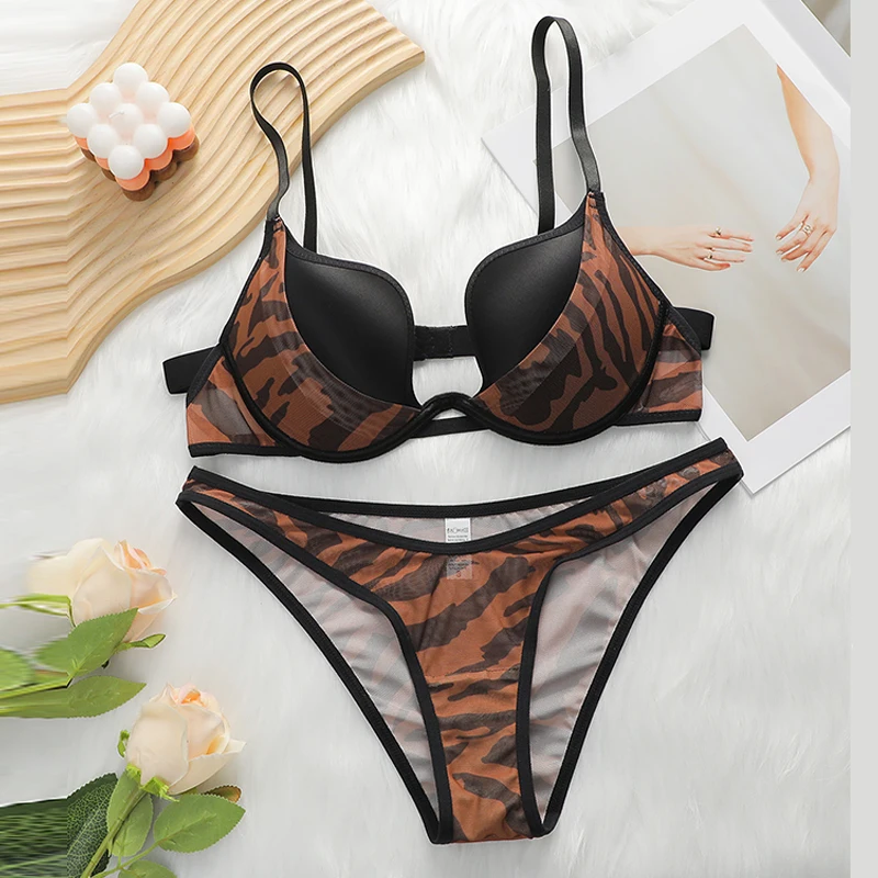 

Women Sexy Lingerie Underwire Push Up Bra and Panties Sets Coffee Print Intimate Underwear Female Comfortable Deep U Bra Sets