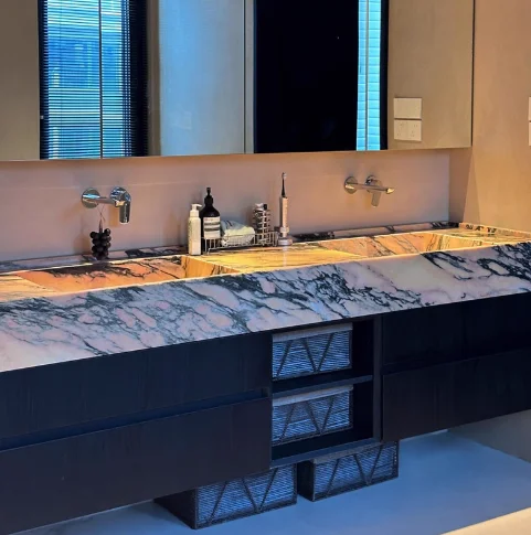 Polished Drainer Bathroom Countertop Easy Clean Hotels Hospitals Modern Luxury Pink Natural Marble Vessel Stone Wash Basin Sink