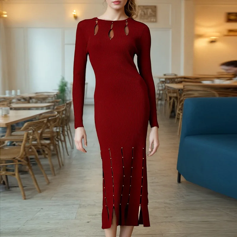 

Woman 2025 Style Slim Slimming Sheath Dress 2025 New round Neck Hollow Design Long Knitted Dress Women's Summer