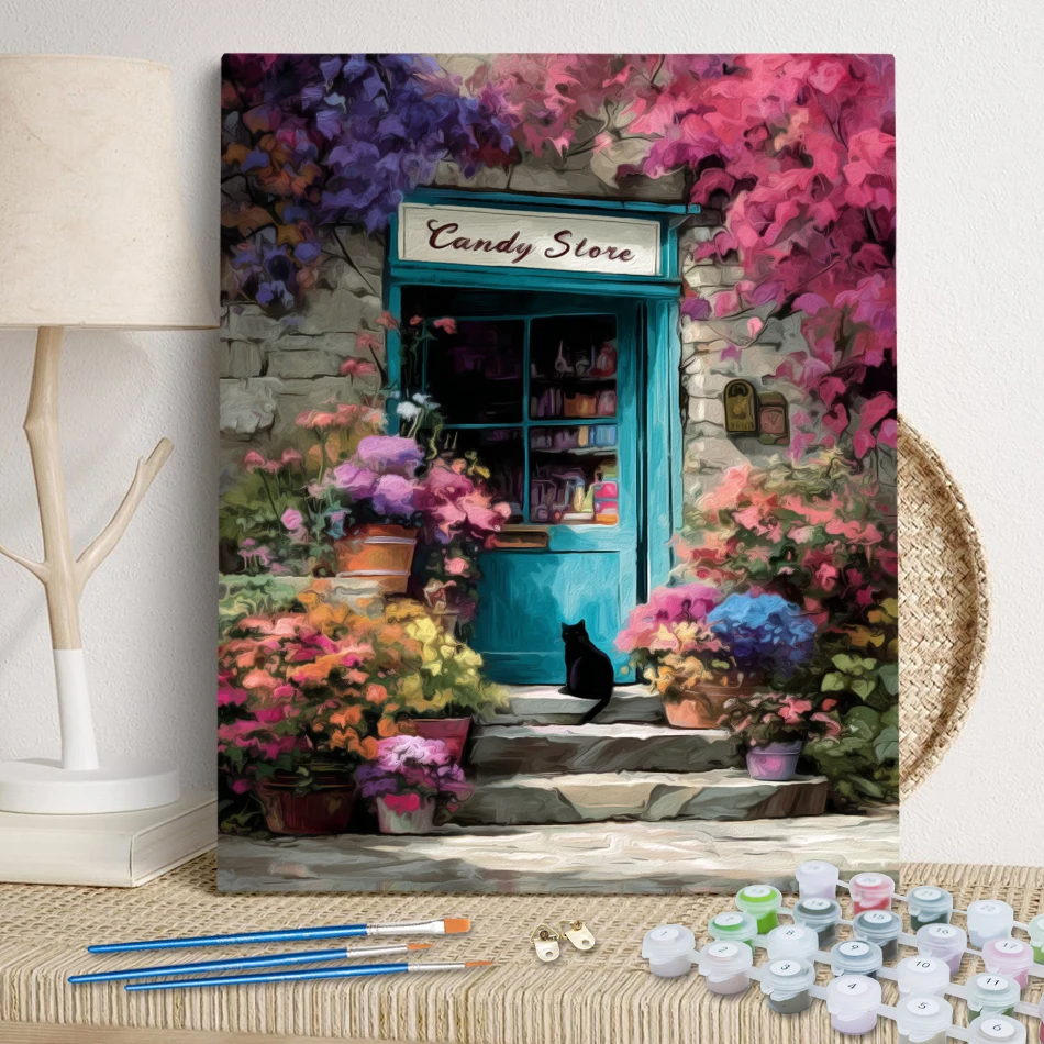 RUOPOTY الطلاء بالأرقام الطلاء صور بالأرقام الرجعية المناظر الطبيعية العمارة صورة الرسم الفنون الحرف لمجموعة الأعمال اليدوية